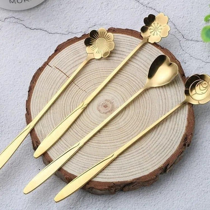 Golden Finished Floral Spoon Set of 4 with Sunflower, Rose , Lily and Daisy Design